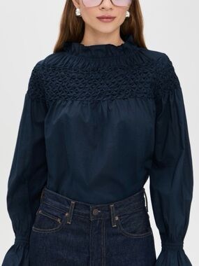 Smocked High-Neck Blouse in Navy